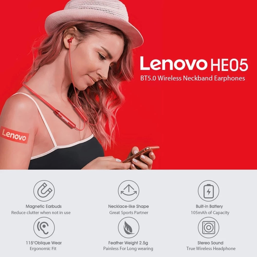 Lenovo Bluetooth Earphones HE05 Waterproof Sport Headset